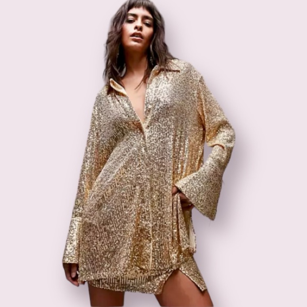 Topshop co-ord sequin oversized shirt in champagne